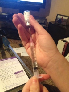 I first draw up the drug from the vials into the syringe. My current dose is 2.67 mLs.