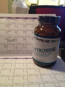 In my current sub-study, I'm supposed to take three 500 mg capsules of tyrosine per day. I keep track of my tyrosine in the booklet.